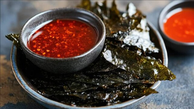 A delicious bite-sized sushi roll with seaweed, served with a spicy soy sauce dip.