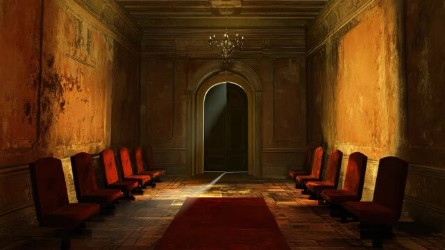 A long hallway with red chairs and a chandel hanging from the ceiling
