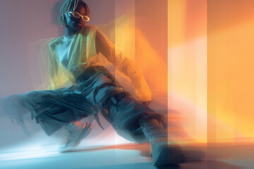 A holographic-style portrait of a A futuristic street dancer, featuring luminous neon highlights, translucent overlays, and futuristic visual effects.