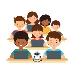 Children learning robotics in classroom with laptops and robot toy, transparent background, isolated.  