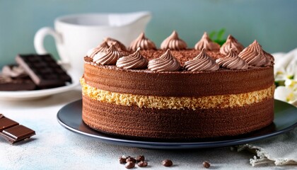 homemade sponge cake made of airy creamy sponge and chocolate