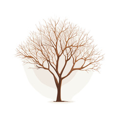 Minimalist brown leafless tree vector illustration on white background, clean 2D digital art in transparent PNG format.