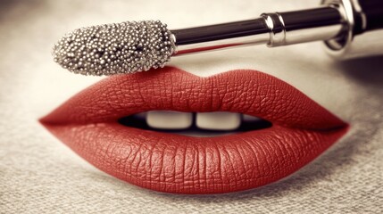 Sensual Red Lips with Textured Metallic Applicator - Close-up Beauty Shot