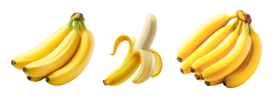 Ripe bunches of bananas and one peeled banana placed side by side isolated on transparent background, bright lighting and clear shadows add freshness.