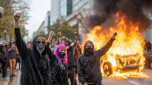 Protesters protesting on a city street mostly peaceful