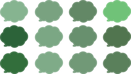 All the bubbles have a distinctive, rounded, cloud-like, or scalloped edge design. This vector image features twelve speech bubbles. Speech bubble with a white dashed line inside.