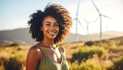 Smiling woman with wind turbines, and field.