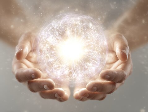 A pair of open hands gently cradling a glowing sphere of pure light with soft energy lines radiating a sense of peace and power.