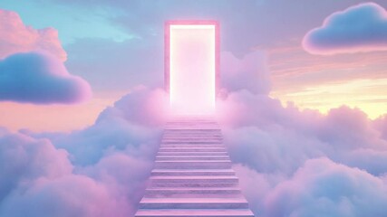Glowing pink portal in sky dreamy clouds surreal fantasy doorway animation in UHD 4K video - Powered by Adobe