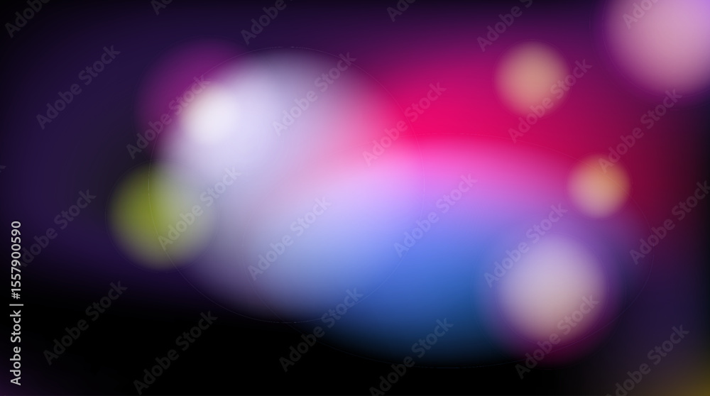 Poster vector illustration in trendy bokeh style with soft glowing circles in pink, purple, blue, and green