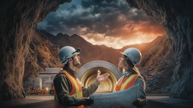 Architekten Bauleiter Ingenieur Frau Mann  begutachten Baupl&auml;ne in einem modernen Tunnel. K&uuml;nstliche Intelligenz KI