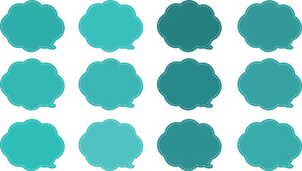All the bubbles have a distinctive, rounded, cloud-like, or scalloped edge design. This vector image features twelve speech bubbles. Speech bubble with a white dashed line inside.