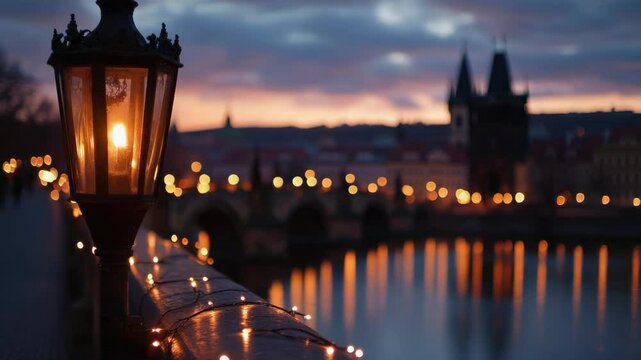 A picturesque scene of Charles Bridge at sunset, with lights illuminating the water and bridge.