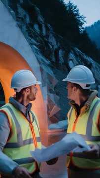 Architekten Bauleiter Ingenieur Frau Mann  begutachten Baupl&auml;ne in einem modernen Tunnel. K&uuml;nstliche Intelligenz KI