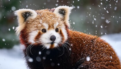 a red panda seemingly curious observes the falling snow red panda in winter its fur and eyes capturing the essence of the season