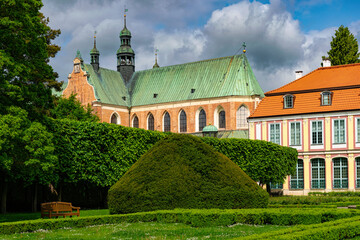 Ancient gothic catholic Oliwa cathedral in Gdansk in summer