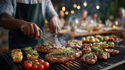 African american chef grilling steaks and vegetables outdoors at nighttime barbecue party with friends in the background