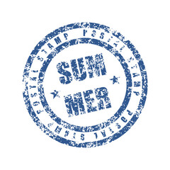 Blue grunge round shape stamp for summer vacation or travel concept isolated on white background, vector illustration.