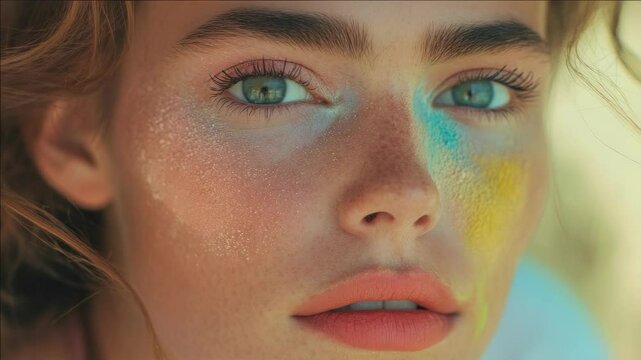 A woman enjoying a day at the beach with vibrant, creatively applied makeup.