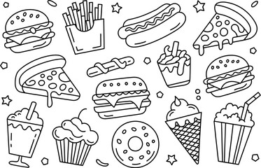 A black and white outline illustration of various fast food items and desserts scattered randomly
