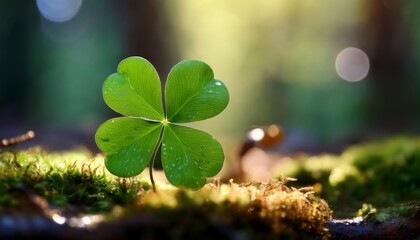 four leaf clover on forest floor lucky four leaf clover on damp forest floor with moss and soft light nature symbol of good fortune macro photography