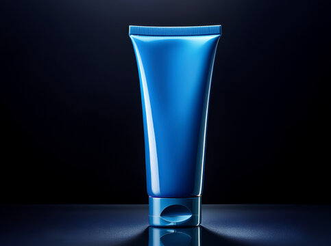 A bold blue cream tube with a medium-height, angular shape, standing upright on a glossy black background. The saturated color and clean lines give it a strong, modern appearance.
