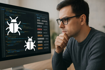 Programmer debugging code on computer with digital bug icons, software development and error fixing concept, stock photo