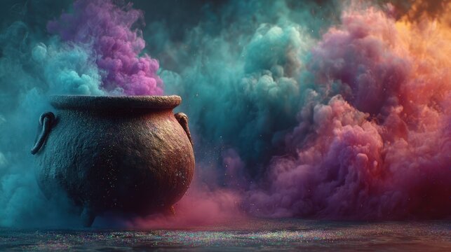 Mystical cauldron filled with swirling vibrant smoke in a magical setting