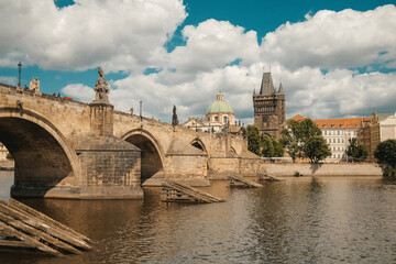 Boat Tour on Vltava river under Charles Bridge, Prague. Praha, old european city