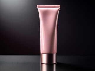 A soft pink cream tube with a slim, elegant shape, standing upright on a glossy black background. The gentle tone contrasts subtly with the dark surface, emphasizing a clean, feminine look.