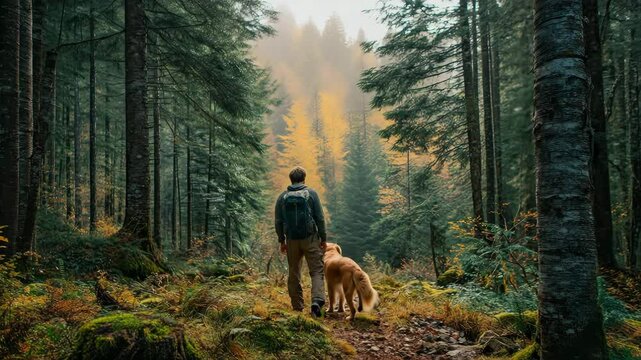 Individual and dog explore scenic forest path, surrounded by tall trees and colorful foliage, creating a peaceful outdoor atmosphere