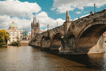 Boat Tour on Vltava river under Charles Bridge, Prague. Praha, old european city