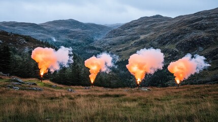Highland Smoke Signals: Dramatic Displays Against a Mountain Backdrop