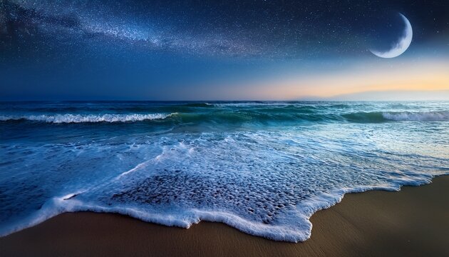 night ocean scene moonlit waves crashing on sandy shore starry sky foaming surf dark water tranquil seascape