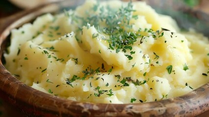 Steaming hot mashed potatoes seasoned with herbs and spices are served in a rustic bowl, making a comforting and delicious side dish