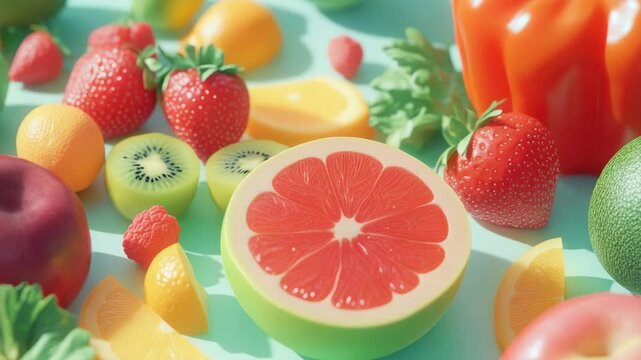 Fresh fruit cut in half with kumquat as centerpiece, arranged on a green table for presentation.