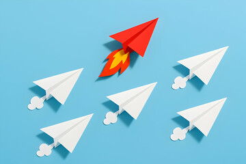 Red paper airplane leading white ones innovation concept