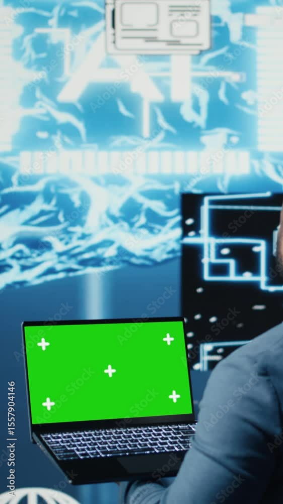 Poster vertical video black male engineer showing laptop with chroma key display next to predictive analyti