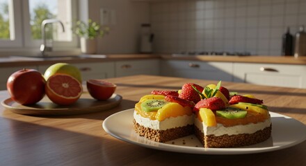 A fruit topped cheesecake with a slice missing on a plate in a bright kitchen setting indoors