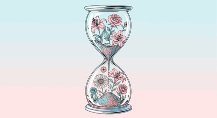 Hourglass with flowers time and nature concept floral design pastel colors romantic illustration art print 100 father's day