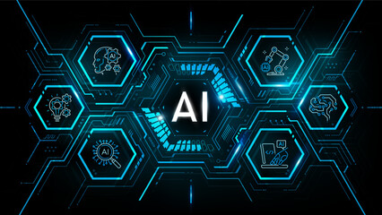 Artificial Intelligence Logo on hexagon technology background and icon, AI generative technology concept, neural network, big data, digital Hud futuristic and deep learning, vector illustration