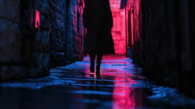 A lone figure navigates a dimly lit alley at night, perhaps under the rain. The scene suggests mystery and suspense, characteristic of urban crime narratives.