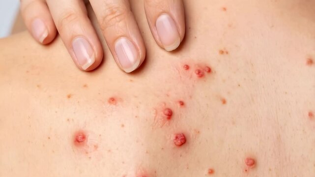 Adult female back and shoulder displaying multiple skin lesions with a hand close by, skin infections, medical research visuals