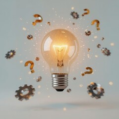 A glowing light bulb surrounded by question marks and gears, symbolizing innovation and idea generation.