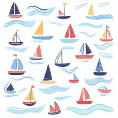 Flat illustration of colorful sailing boats scattered on a white background with light blue wave lines, perfect for children’s prints, marine-themed packaging and playful decor