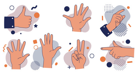 Fototapeta premium Collection of Hand Gestures Illustrations Thumbs Up, Counting, Pointing