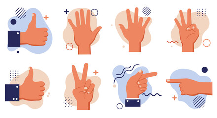 Collection of Hand Gestures Thumbs Up, Counting Fingers, and Pointing