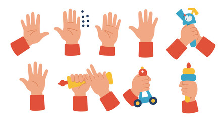 Colorful Illustration of Children's Hands Playing with Toys A Set of Vector Graphics