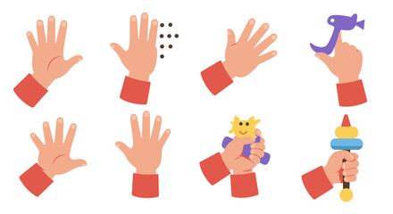 Adorable Cartoon Hands Holding Various Toys and Objects Illustration Set