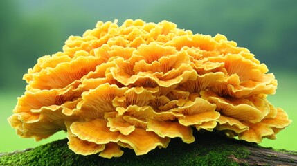 Vibrant Chicken of the Woods: A Fungal Burst of Yellow on Mossy Log